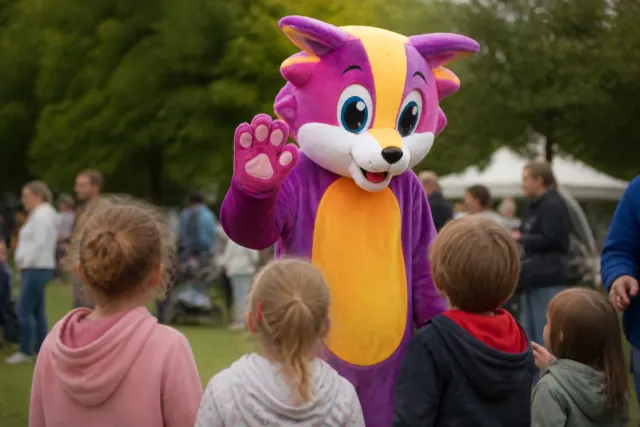Mascotte costumée saluant des enfants lors d'un événement en plein air