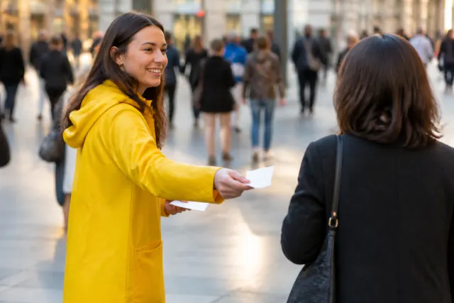 Promotrice distribuant un flyer à une passante dans une rue commerçante